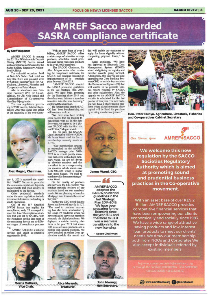 AMREF Sacco Awarded SASRA Compliance Certificate AMREF SACCO AMREF Sacco Awarded SASRA Compliance Certificate AMREF SACCO